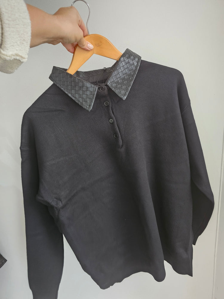 Vittoria Faux Leather Woven collar knit in black
