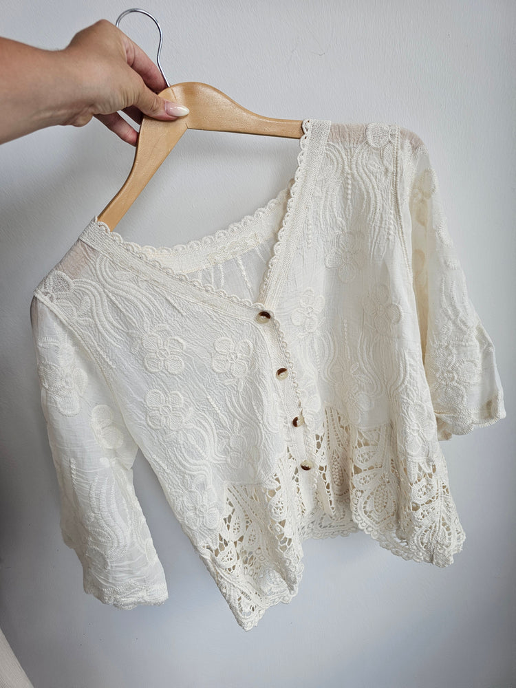 Crochet edge button up top in cream