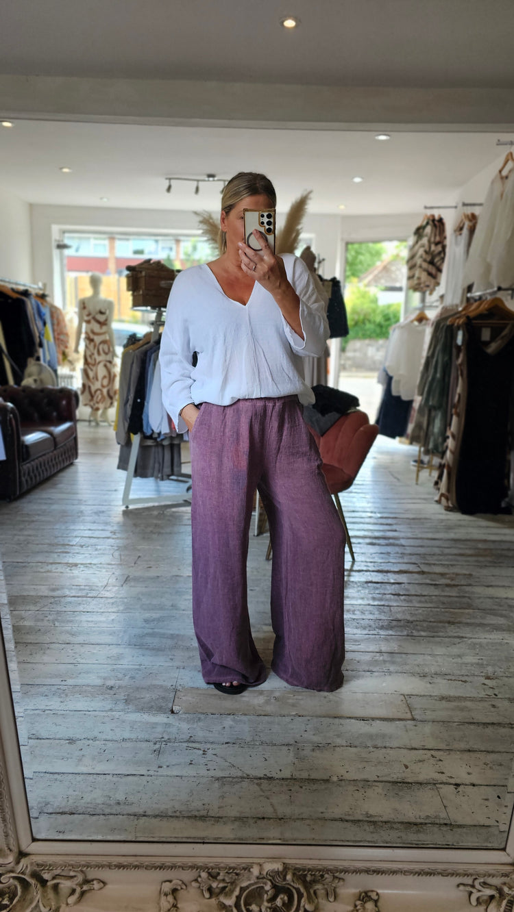 LUNA TWO POCKET LINEN BLEND TROUSERS IN MULBERRY