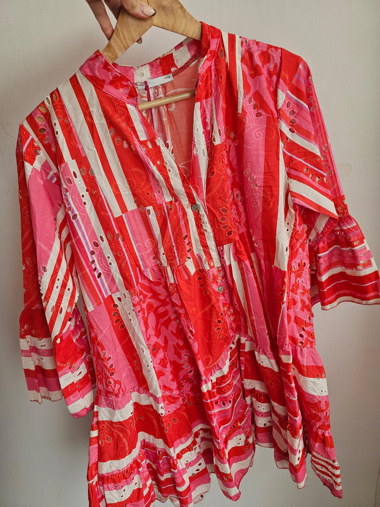 Rosa BRODERIE ANGLAISED SMOCK DRESS IN RED
