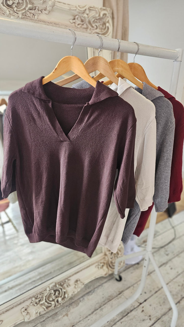 Hailey Collared V-neck light knit jumper chocolate