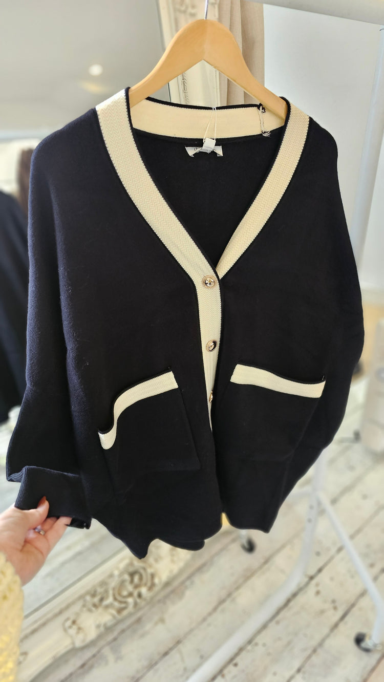 GABRIELLE CONTRAST GOLD BUTTON CARDIGAN IN BLACK