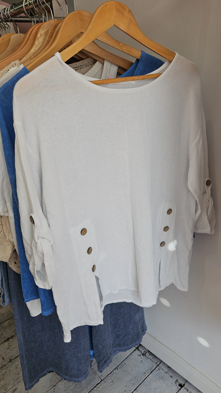 Josie button detail linen blend top in white