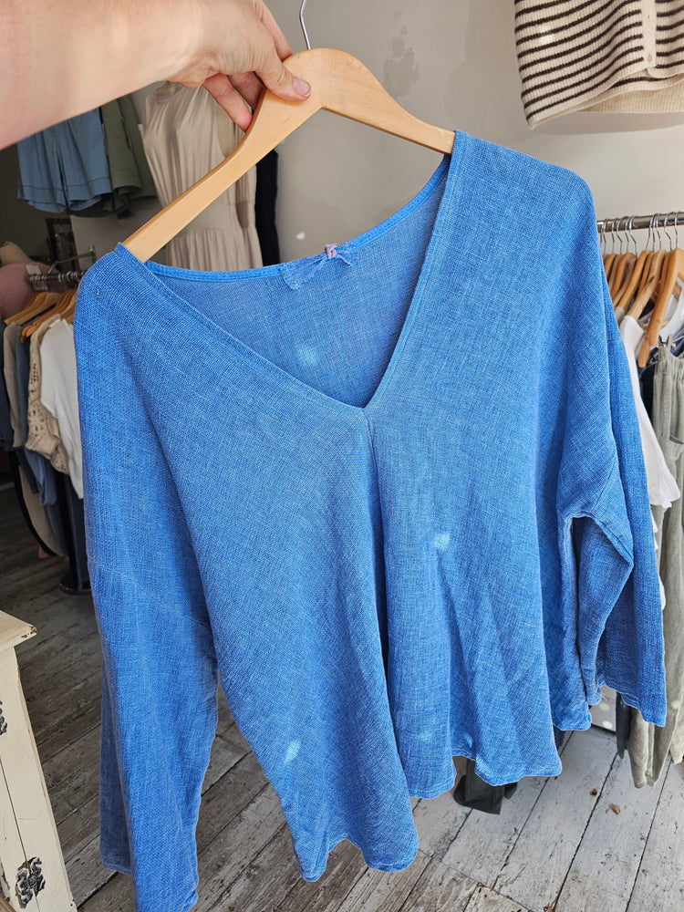 Jade v neck linen blend blouse in cornflower blue