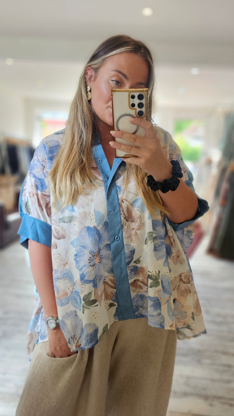 Denim trim floral broderie anglaise blouse