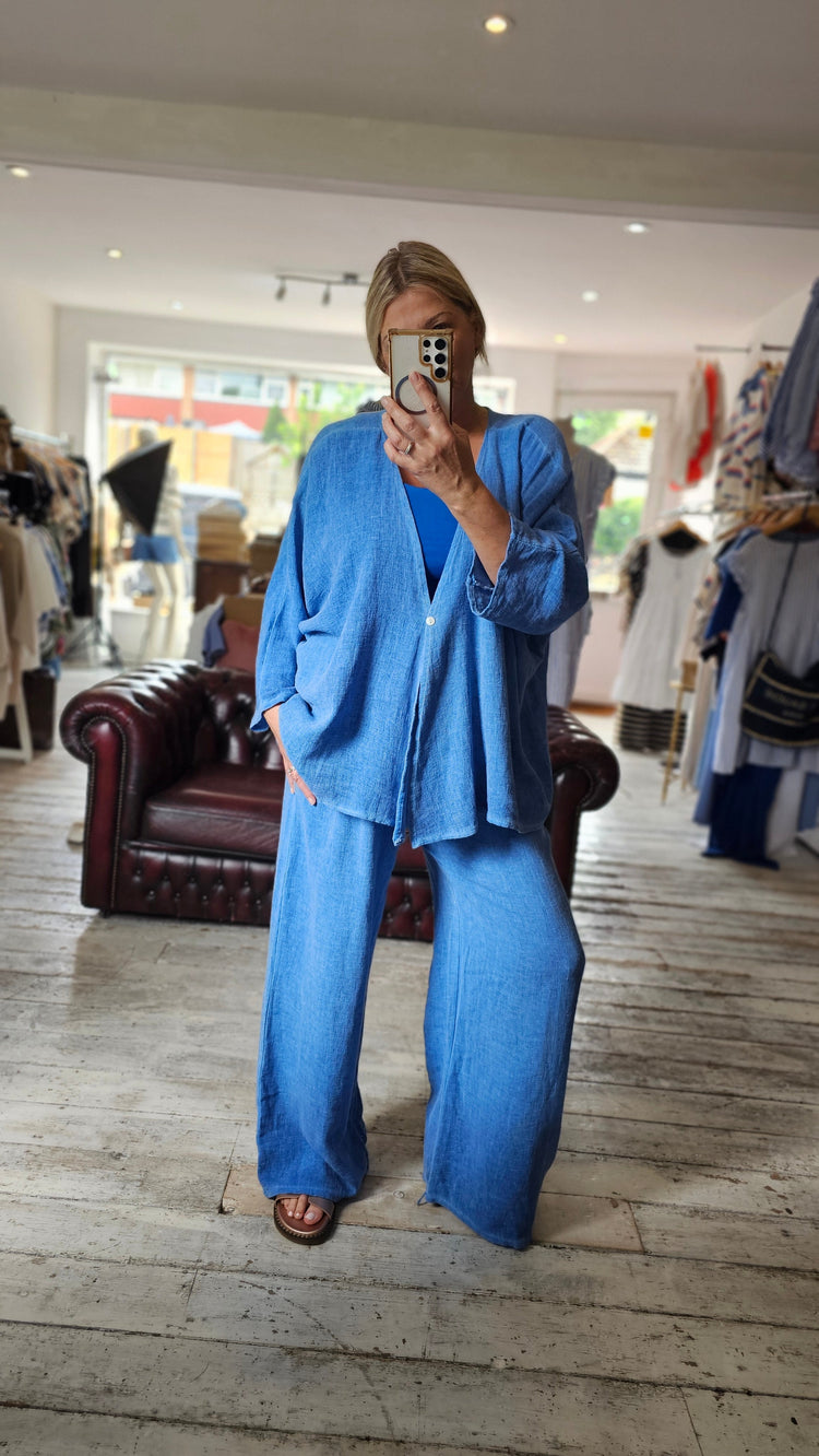 LUNA TWO POCKET LINEN BLEND TROUSERS IN CORNFLOWER BLUE