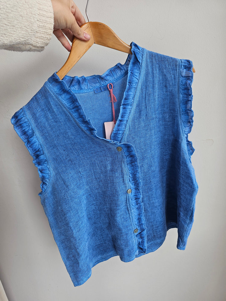 MAISIE FRILL EDGE BUTTON UP LINEN BLEND VEST IN CORNFLOWER BLUE