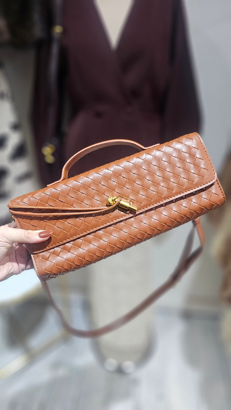 Maddison woven detail clutch with gold details in tan