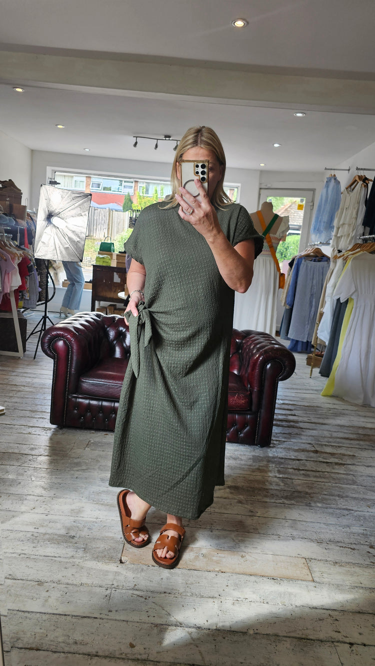 Khloe tie front midi dress in khaki