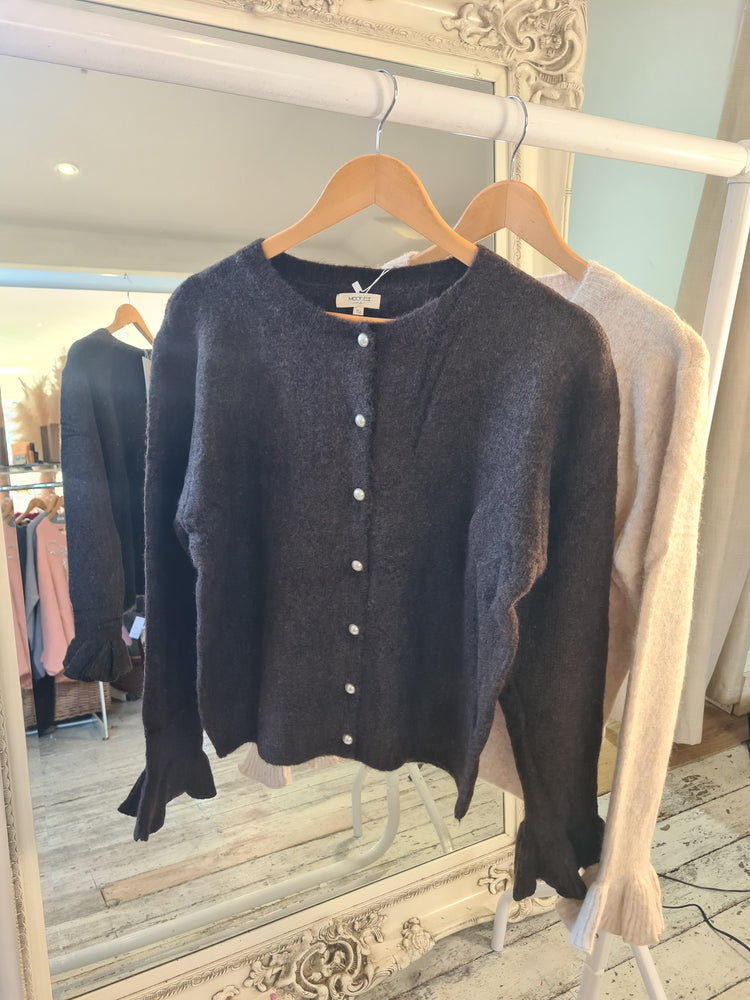 Belle pearl button frill sleeve cardigan in chocolate