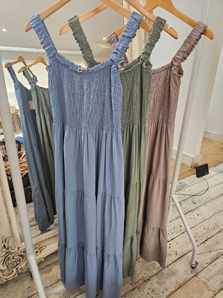 LEAH SHIRRED CHEST MAXI DRESS IN MID BLUE