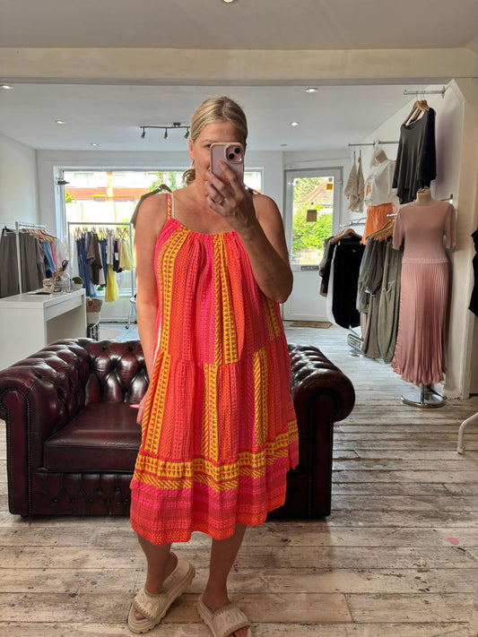 Aztec tiered cami cheesecloth dress in coral