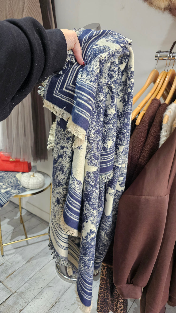 Jungle print wool blend scarf in navy