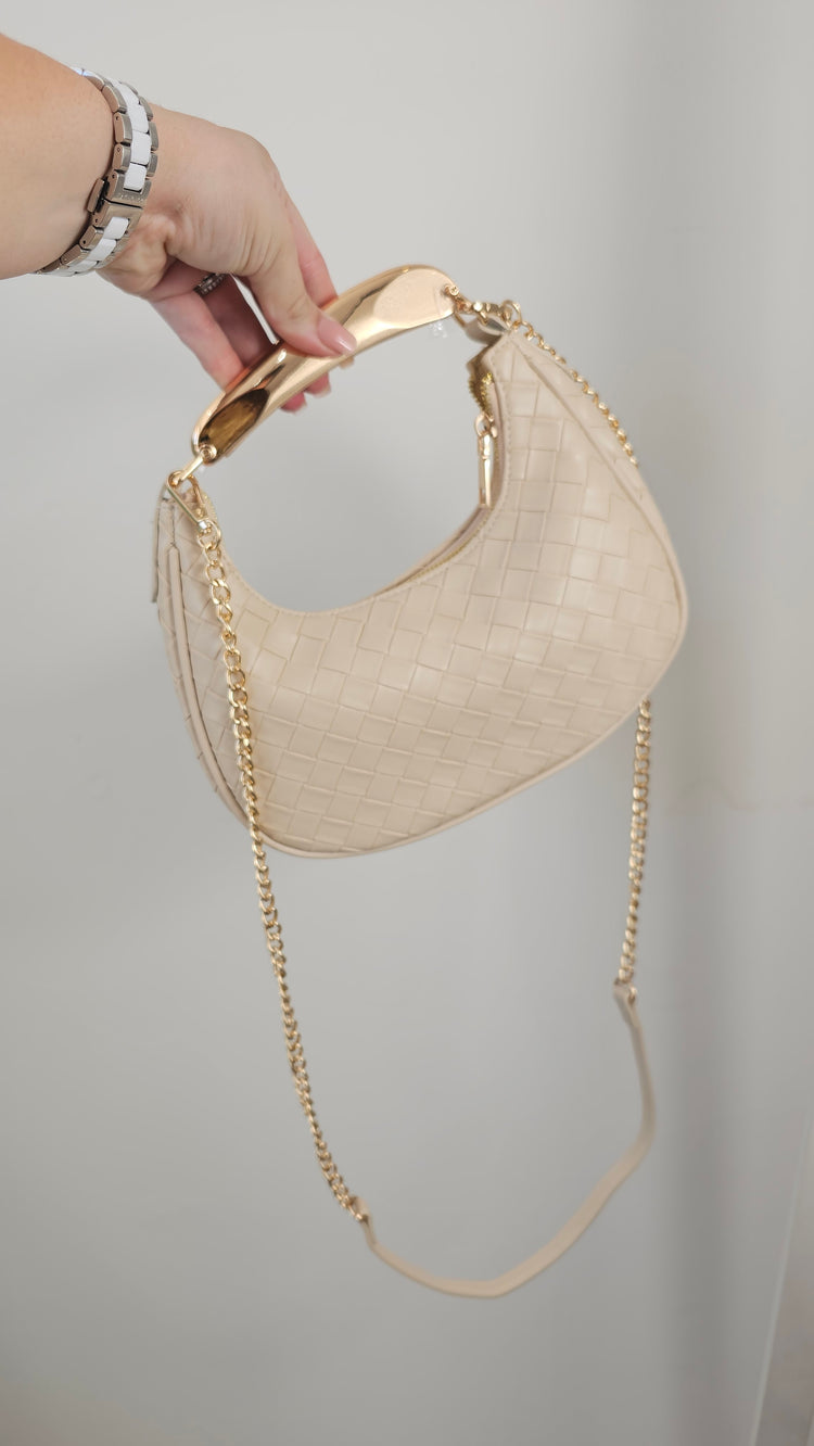 Ava gold handle woven bag in beige