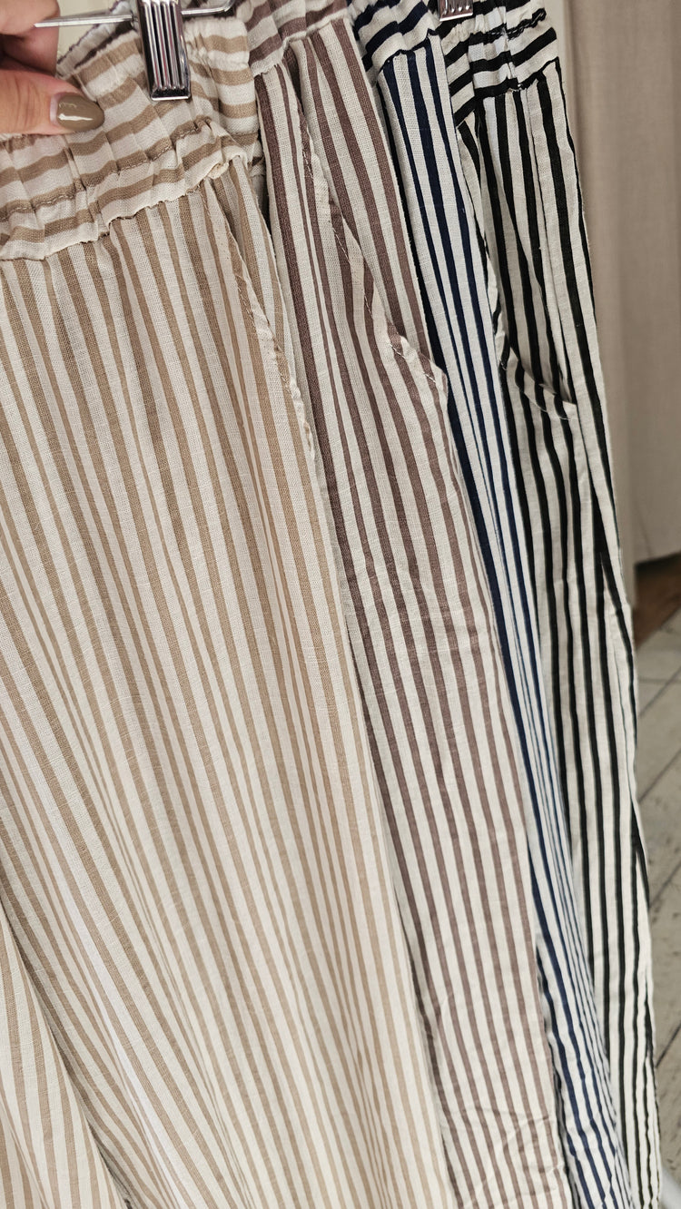 Bridget Wide Leg Stripe Linen Trousers in beige