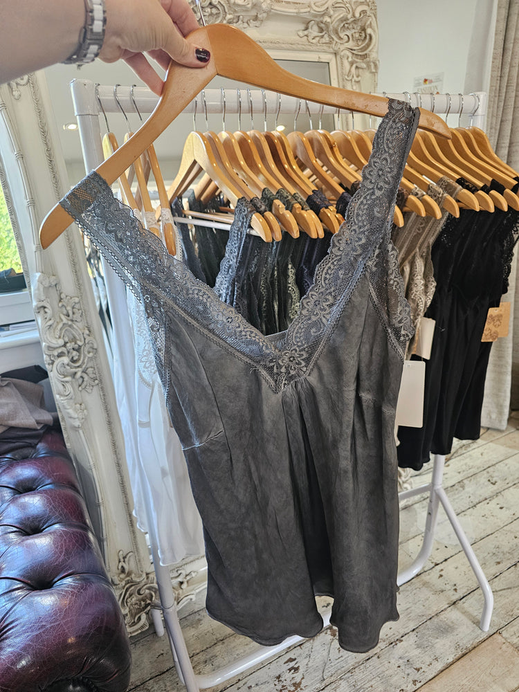 Blair lace strap satin vest in Slate grey