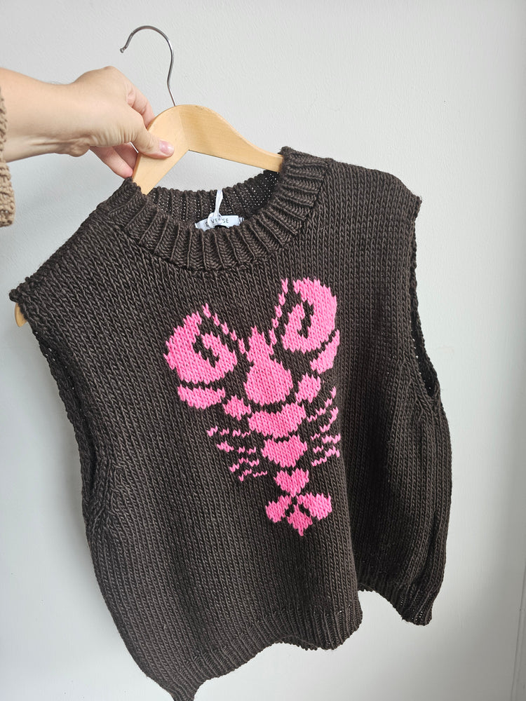 Larry the lobster knitted tank top in chocolate/pink