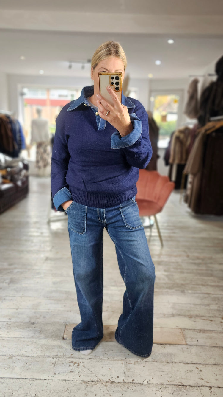 Evelyn denim collared & cuff detail knitted top in navy