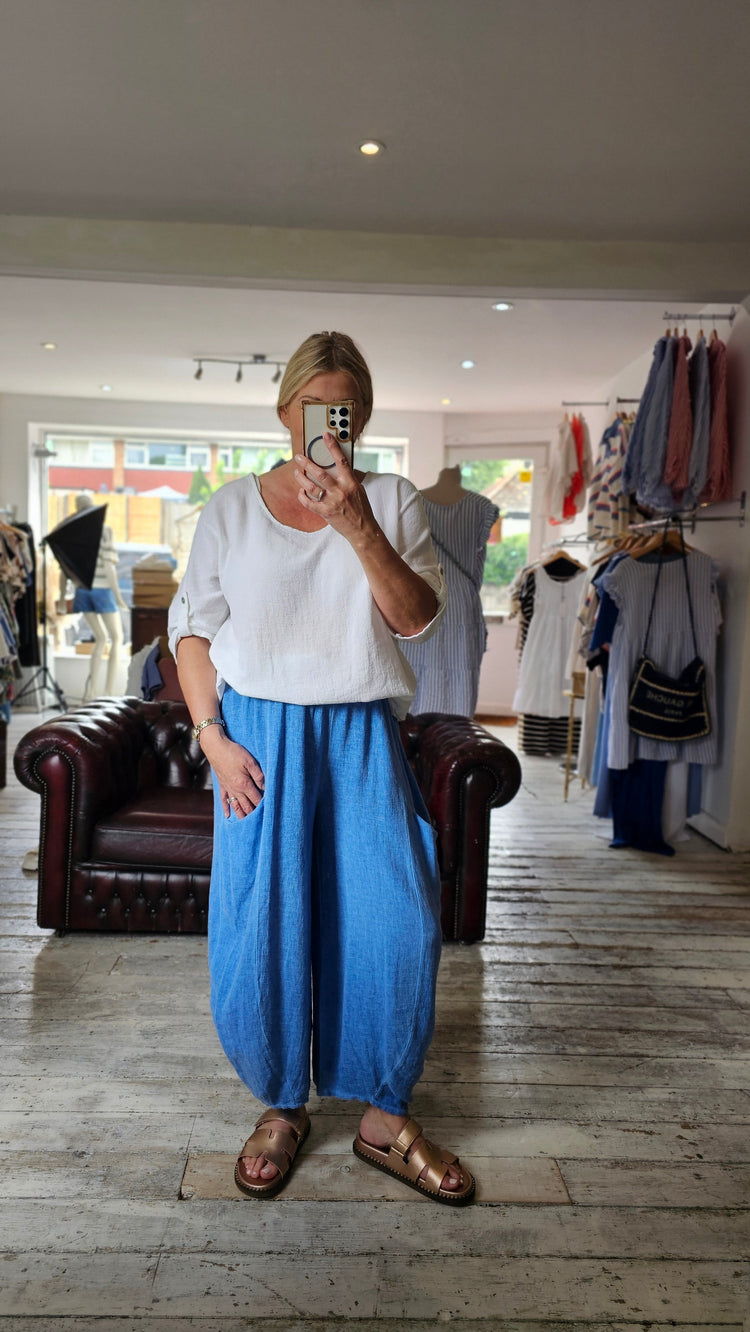 HARPER LINEN BLEND BARREL TROUSER IN CORNFLOWER BLUE