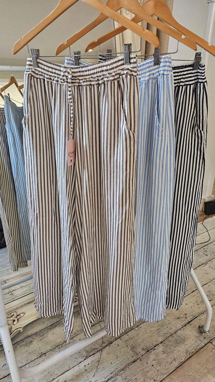 Bridget Wide Leg Stripe Linen Trousers in Light Blue