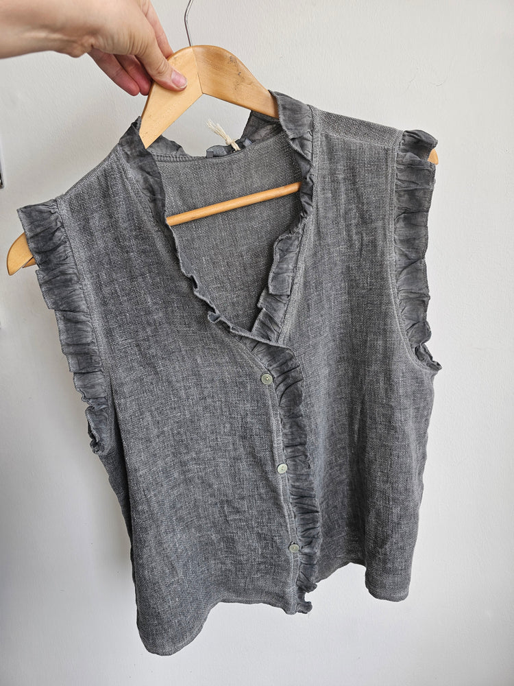 Maisie frill edge button up linen blend vest in dark grey