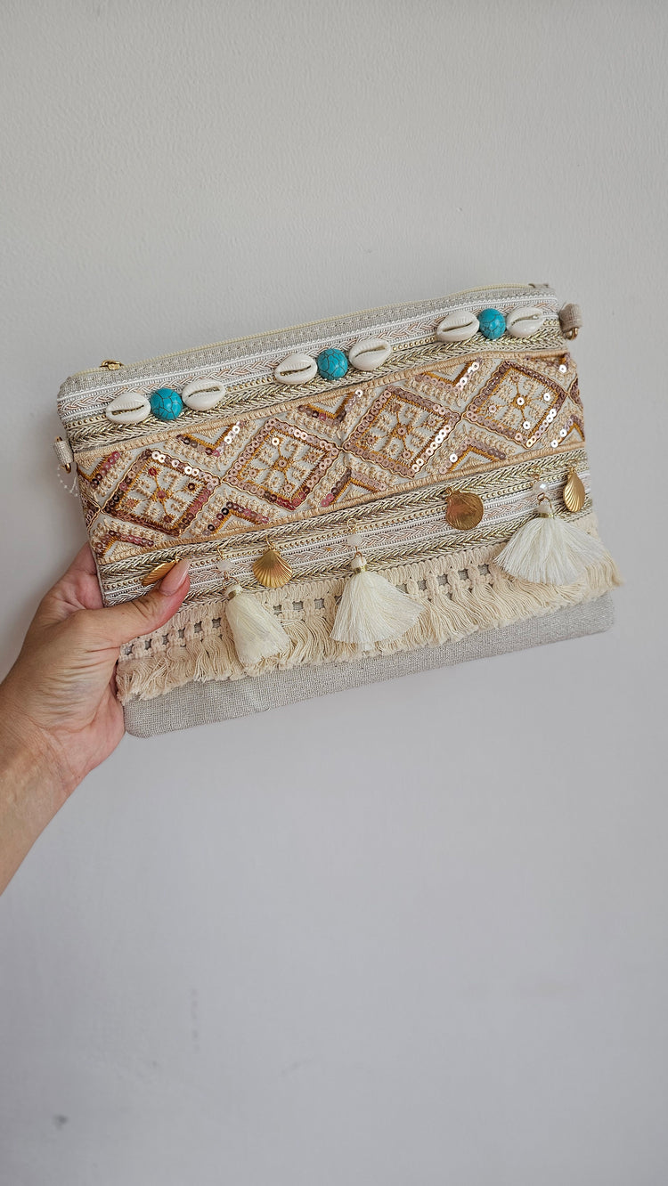 Turquoise Bead Embellished Tassel Clutch Bag