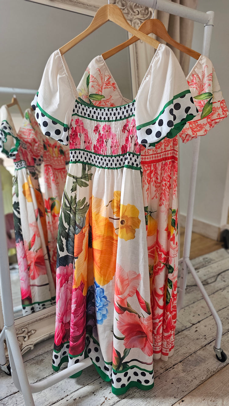 Floral & polka dot patterned puff sleeve dress