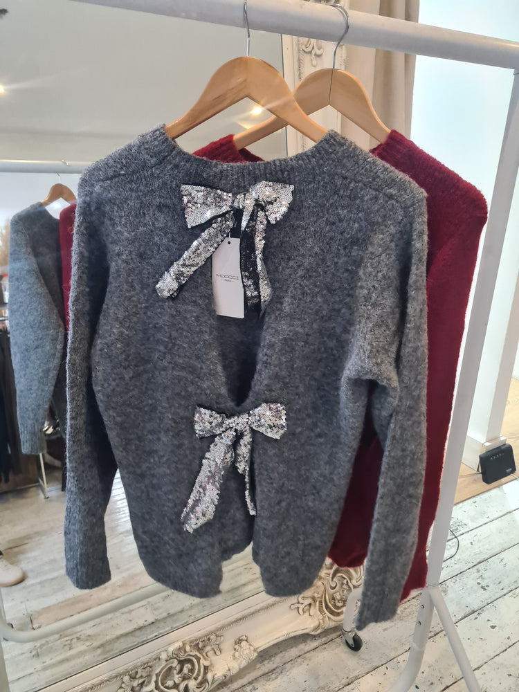 Tia Sequin bow back detail knit jumper in grey