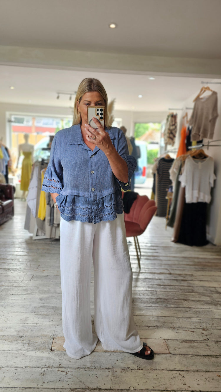 Lily linen blend anglaise hem shirt in denim blue