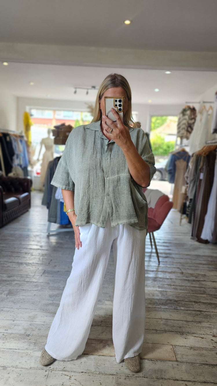 WILLOW HALF SLEEVE LINEN BLEND SHIRT IN KHAKI