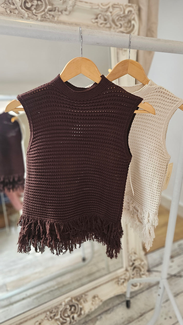Zoe fringe hem sleeveless knit top in chocolate