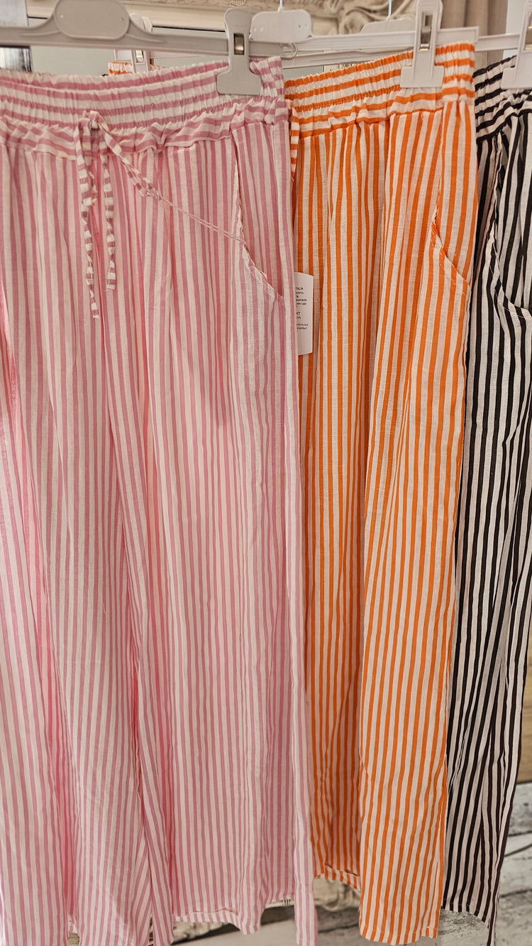 Bridget Wide Leg Stripe Linen Trousers in pink