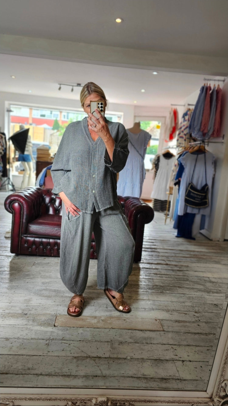 Harper Linen Blend Barrel trouser in Dark Grey