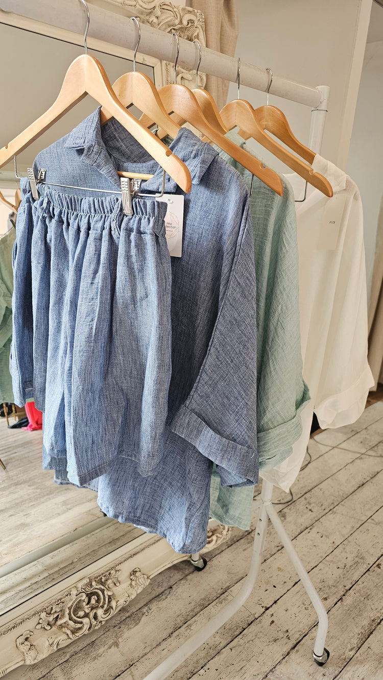Phoebe Linen Look Oversized Blouse And Shorts Set in Blue