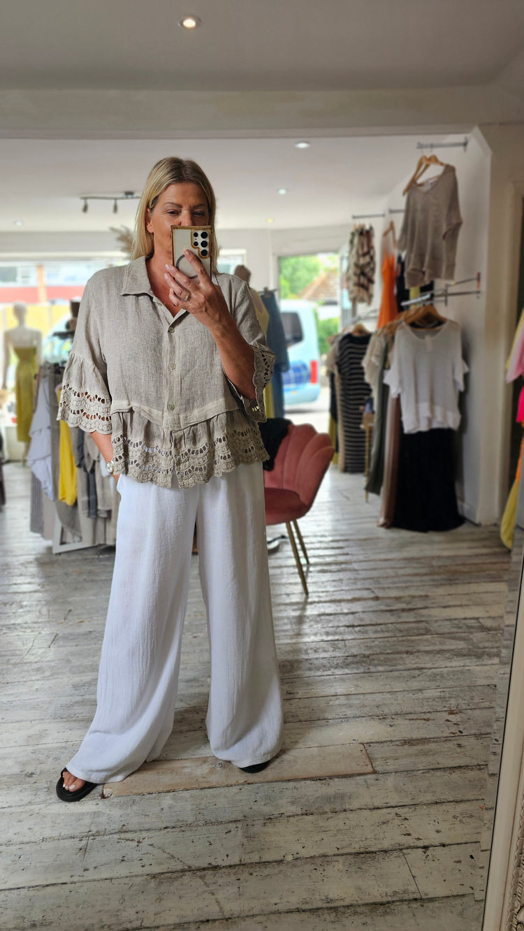 Lily linen blend anglaise hem shirt in mocha