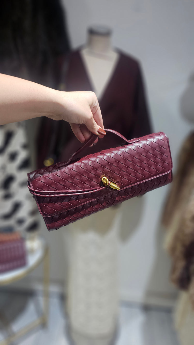 Maddison woven detail clutch with gold details in merlot