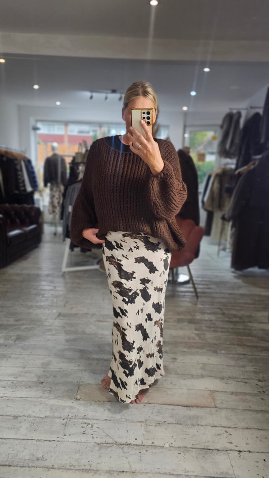 Abbey Cow Print Bias Midi Skirt in chocolate