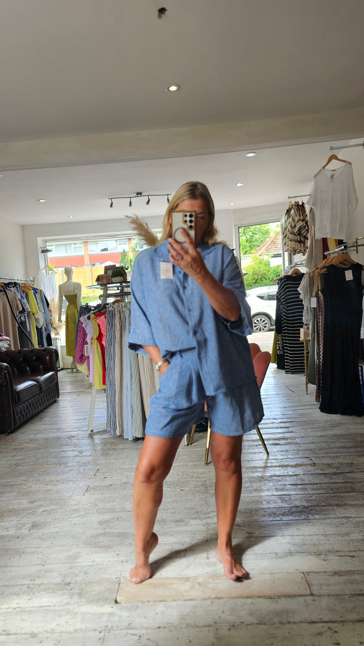 Phoebe Linen Look Oversized Blouse And Shorts Set in Blue