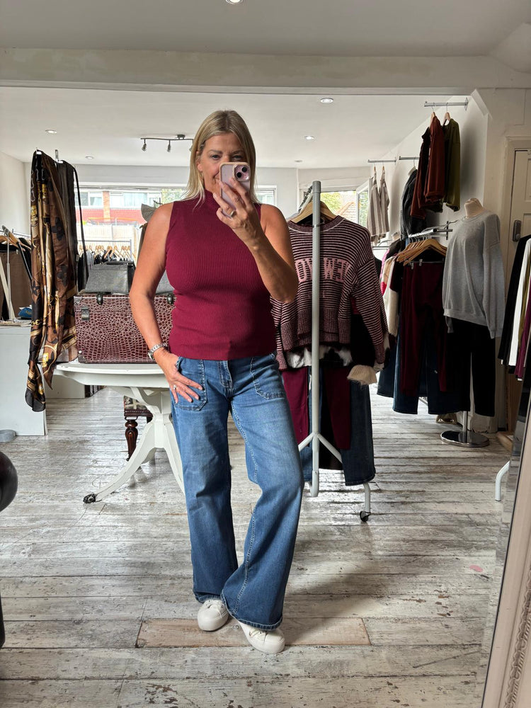 Kendall ribbed high neck top in wine