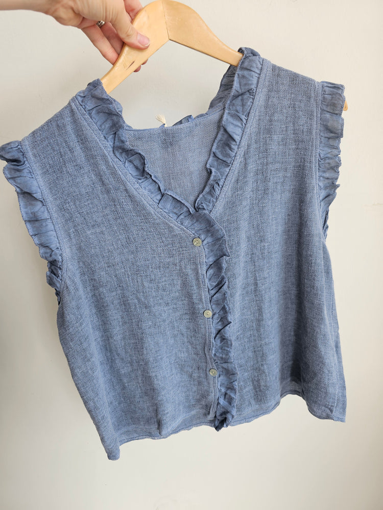 Maisie frill edge button up linen blend vest in denim blue