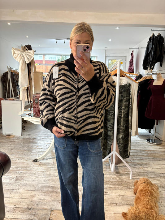 Zebra print zip up knit in chocolate/black