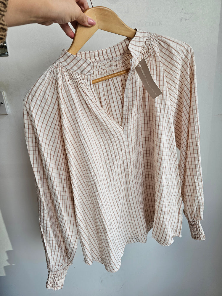 Checked Peasant Blouse with Smocked Cuffs in beige