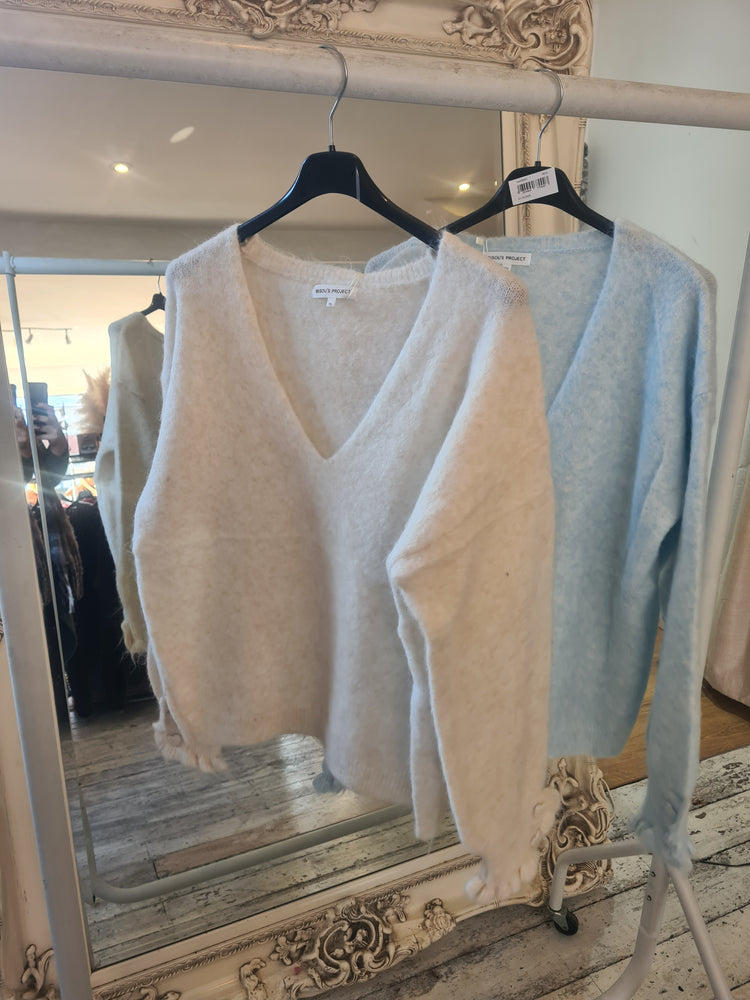 Halle heart sleeve frill detail soft knit in powder blue