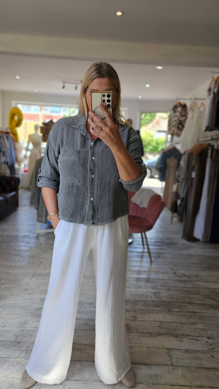 NANCY LINEN BLEND CROPPED SHIRT IN DARK GREY