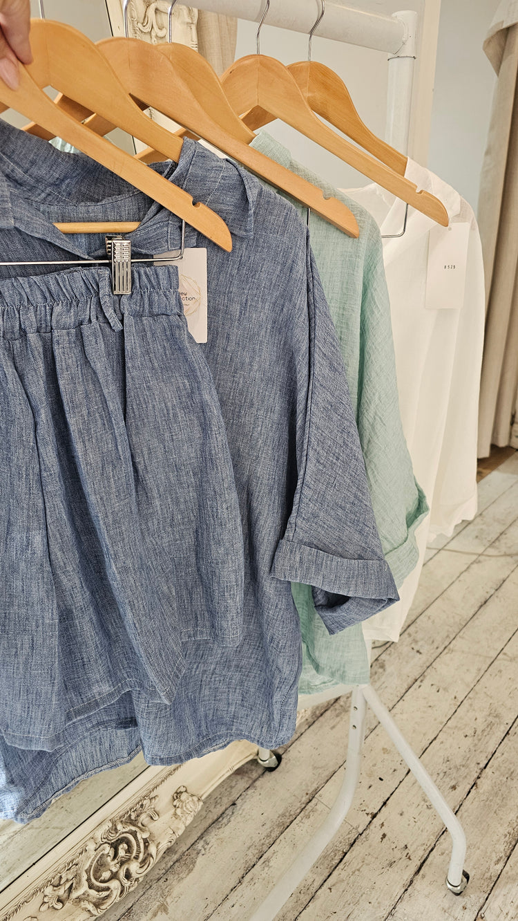 Phoebe Linen Look Oversized Blouse And Shorts Set in Blue