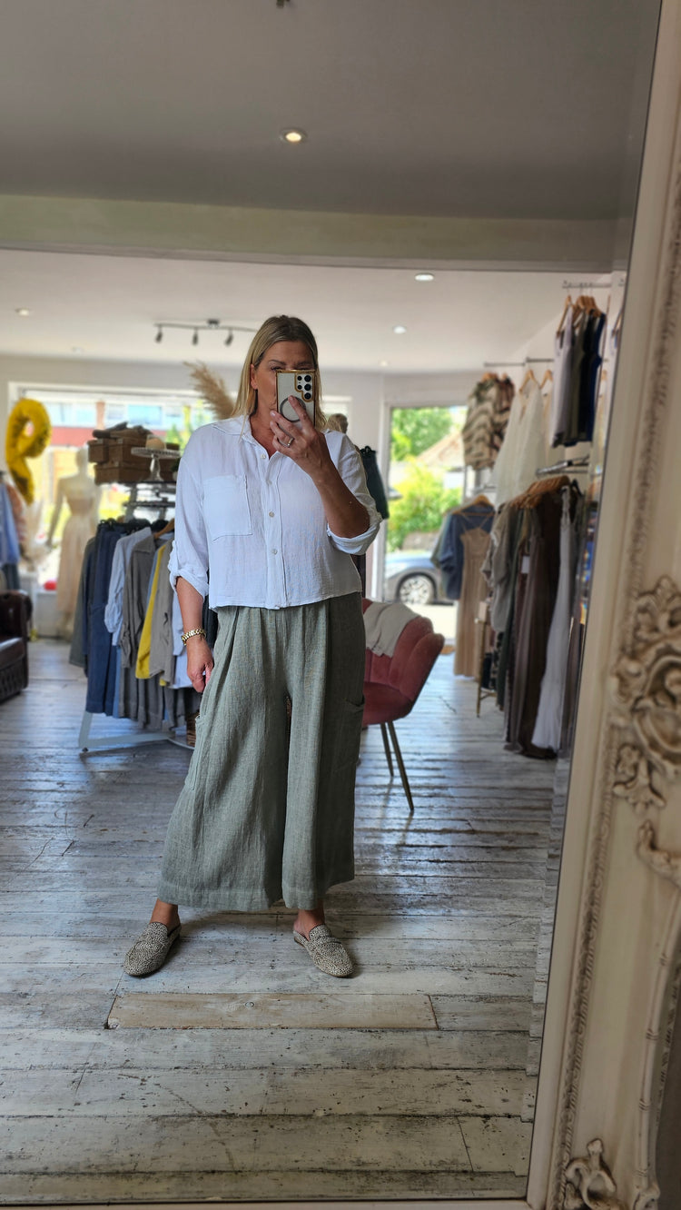 Camila linen blend wide leg crop trousers in Khaki