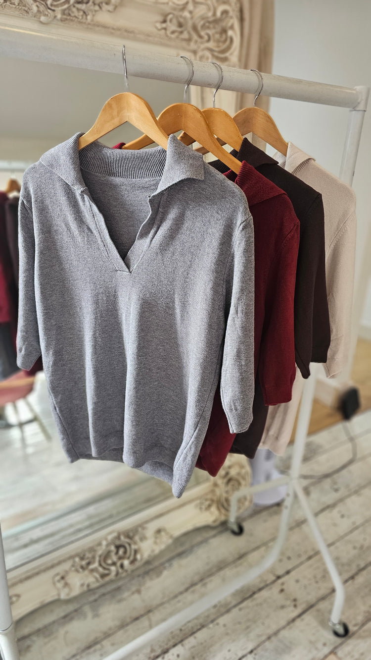 Hailey Collared V-neck light knit jumper grey