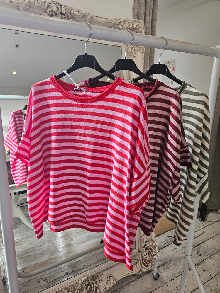 Demi Cotton Knitted Cropped Stripe Tee in red/pink
