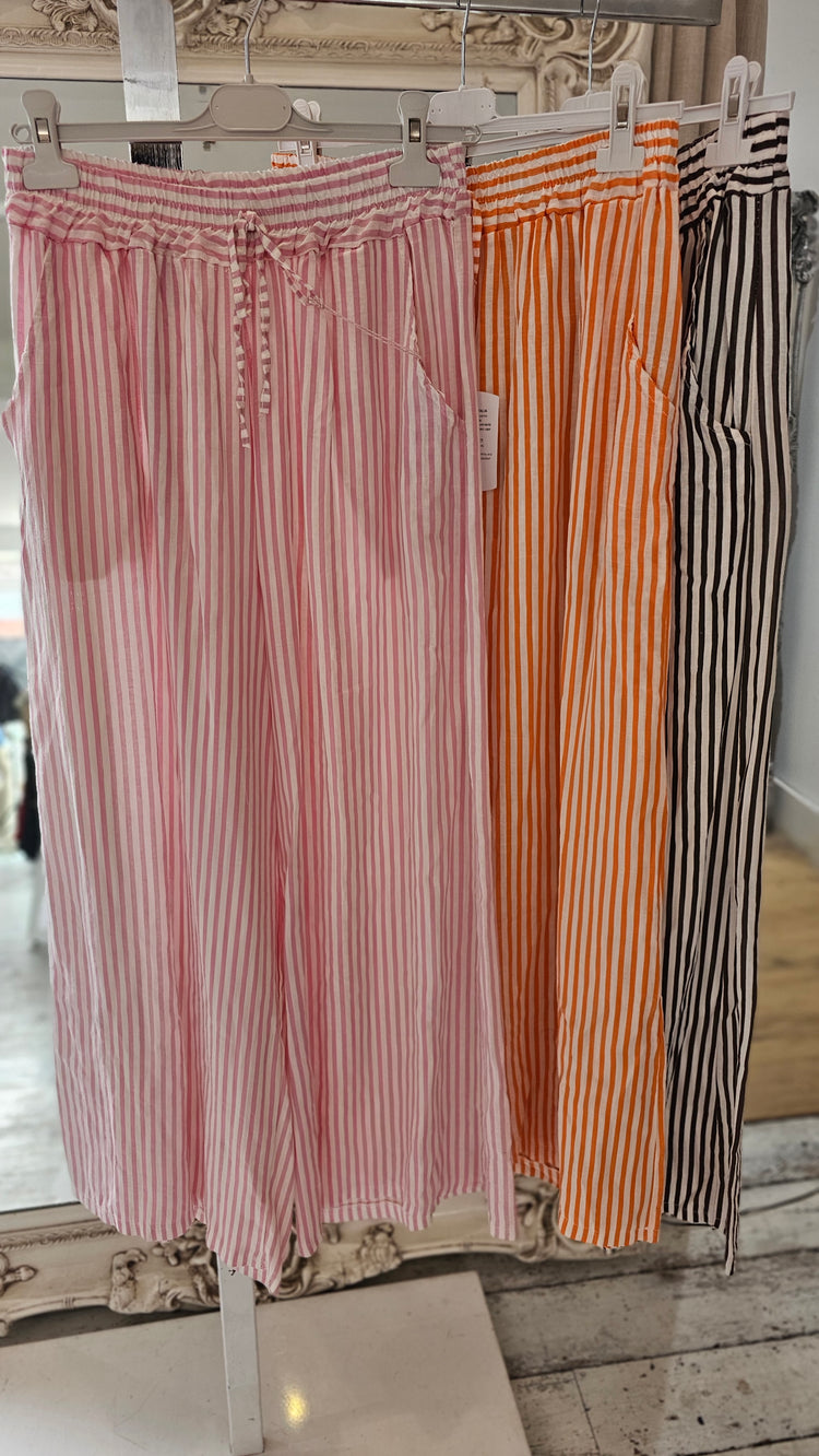 Bridget Wide Leg Stripe Linen Trousers in pink