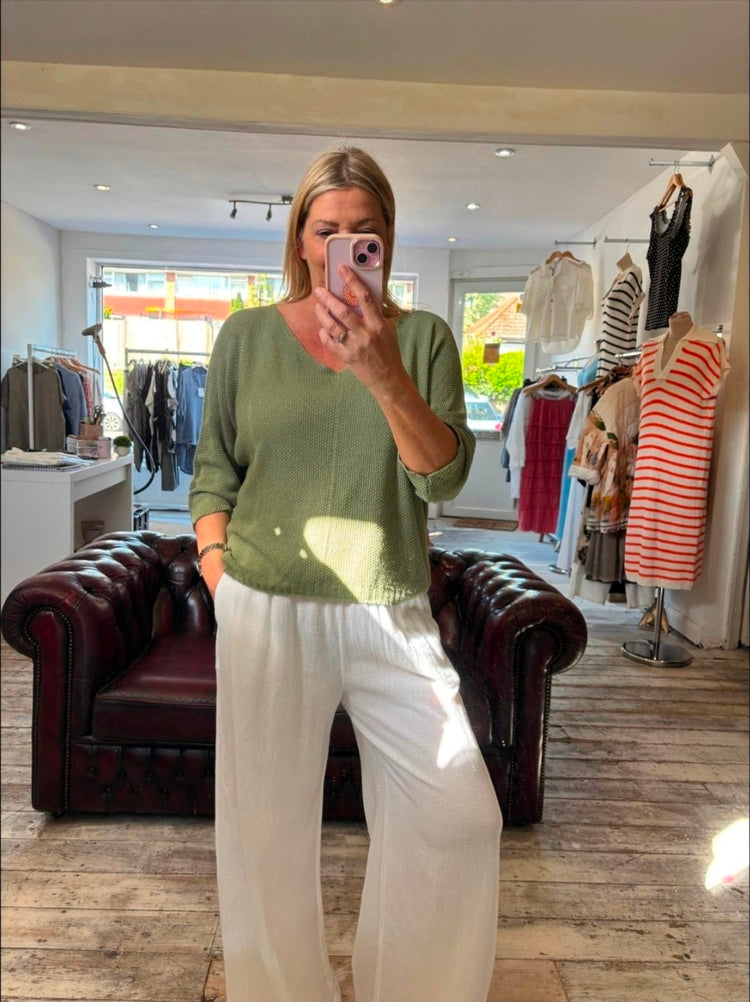 TABITHA V NECK CROCHET TOP IN khaki